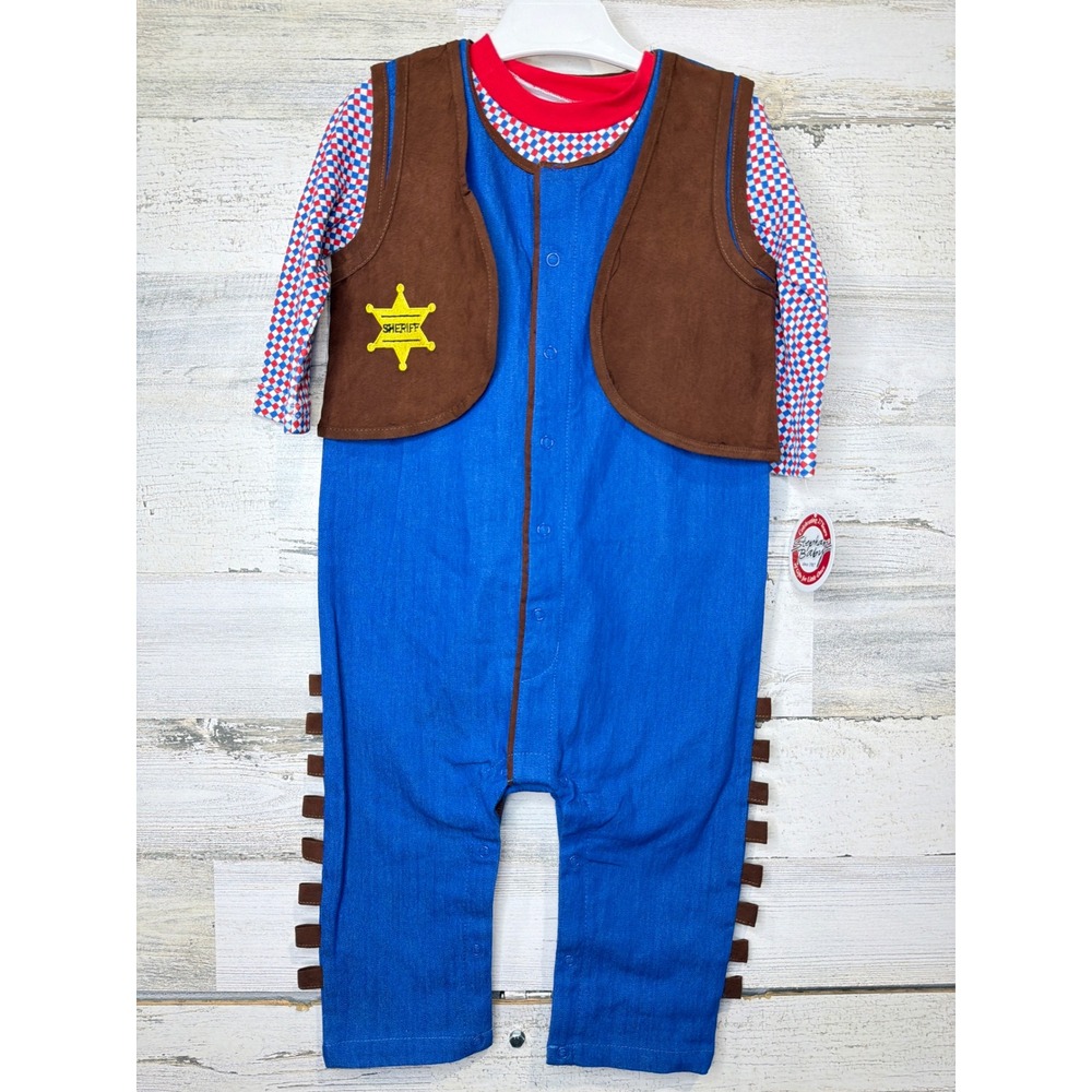 Stephan Baby Cowboy Sheriff Romper Boys 12-18M Blue Brown Western Woody Core NWT